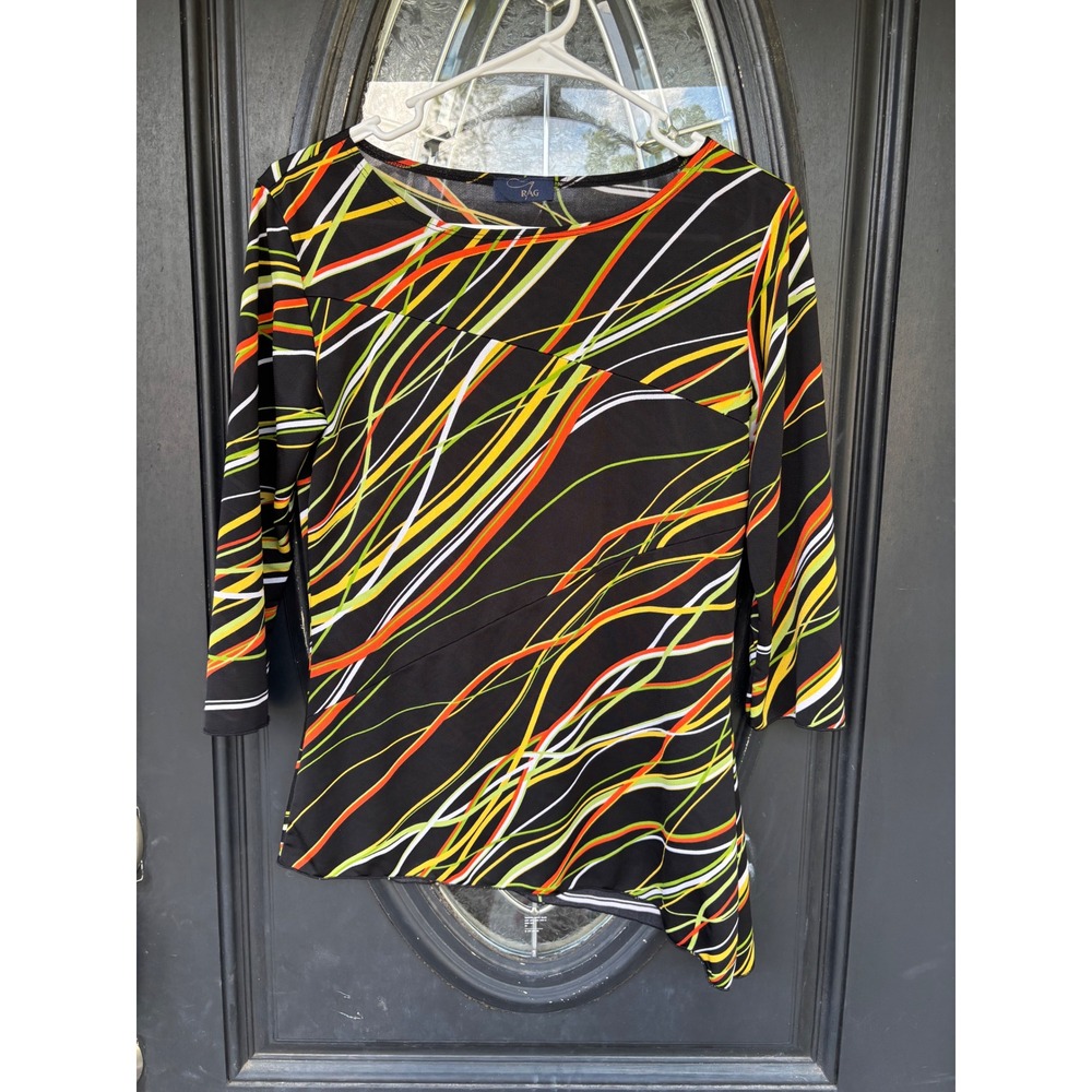 Rag Womens Abstract Linear Print Asymmetrical Hem 3/4 Sleeve Top Black Orange M